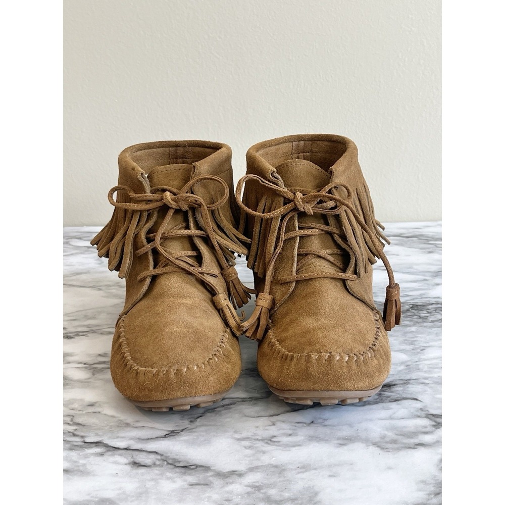 Minnetonka Fringe Moccasin Ankle Boots Brown Suede Southwestern Tie Boho 7.5 - Picture 4 of 9